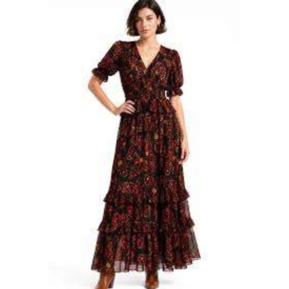 FARM RIO Anthropologie Butterfly Sky Tiered Maxi Dress Boho Tiered Smocked